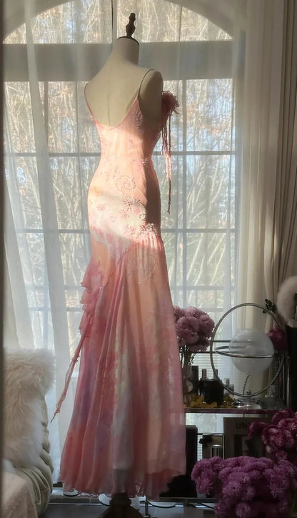 Dreamy Pink Spaghetti Straps Cowl Neck Floral Beaded Mermaid Long Evening Dress Prom Dress AD1441
