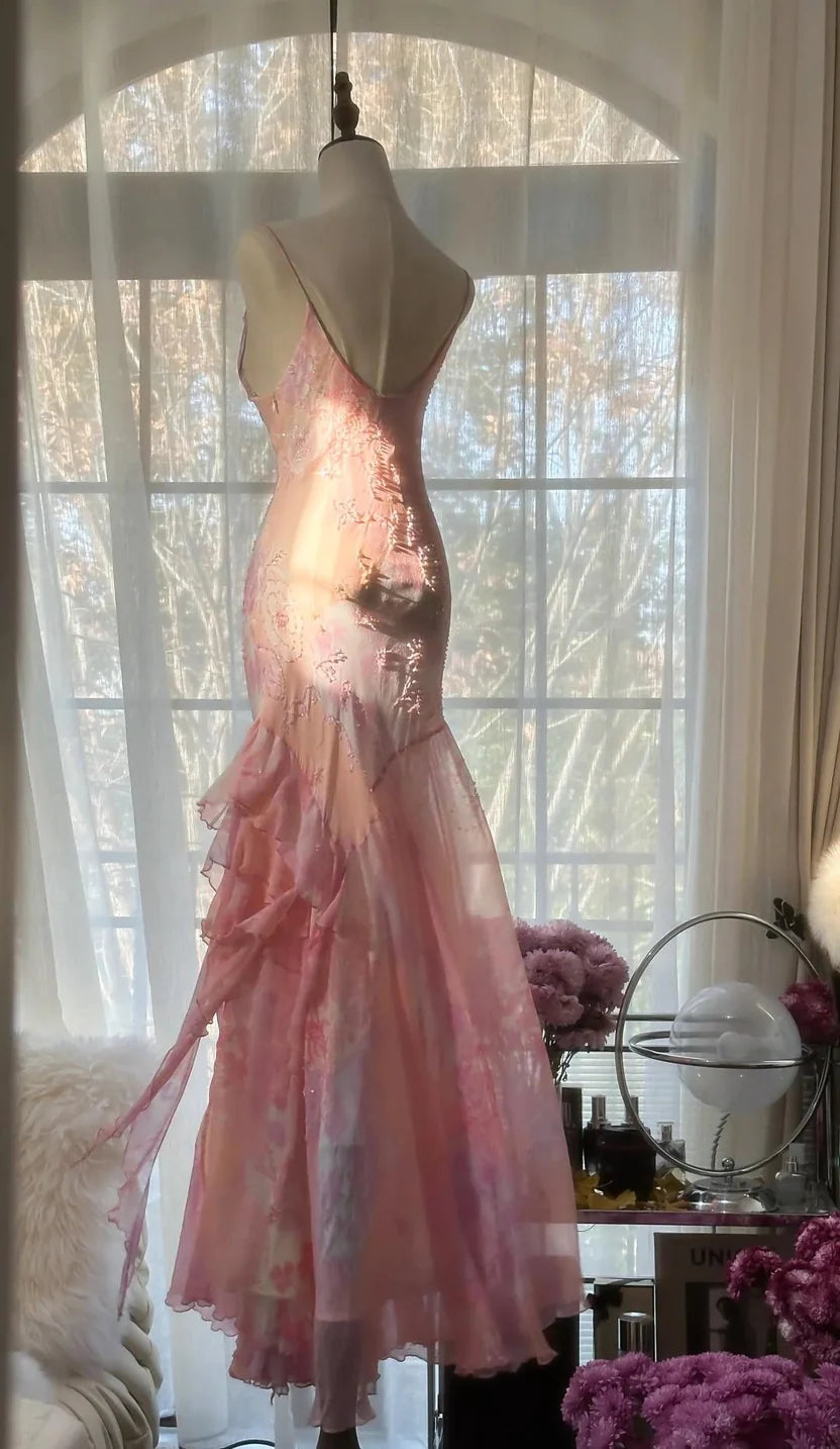 Dreamy Pink Spaghetti Straps Cowl Neck Floral Beaded Mermaid Long Evening Dress Prom Dress AD1441