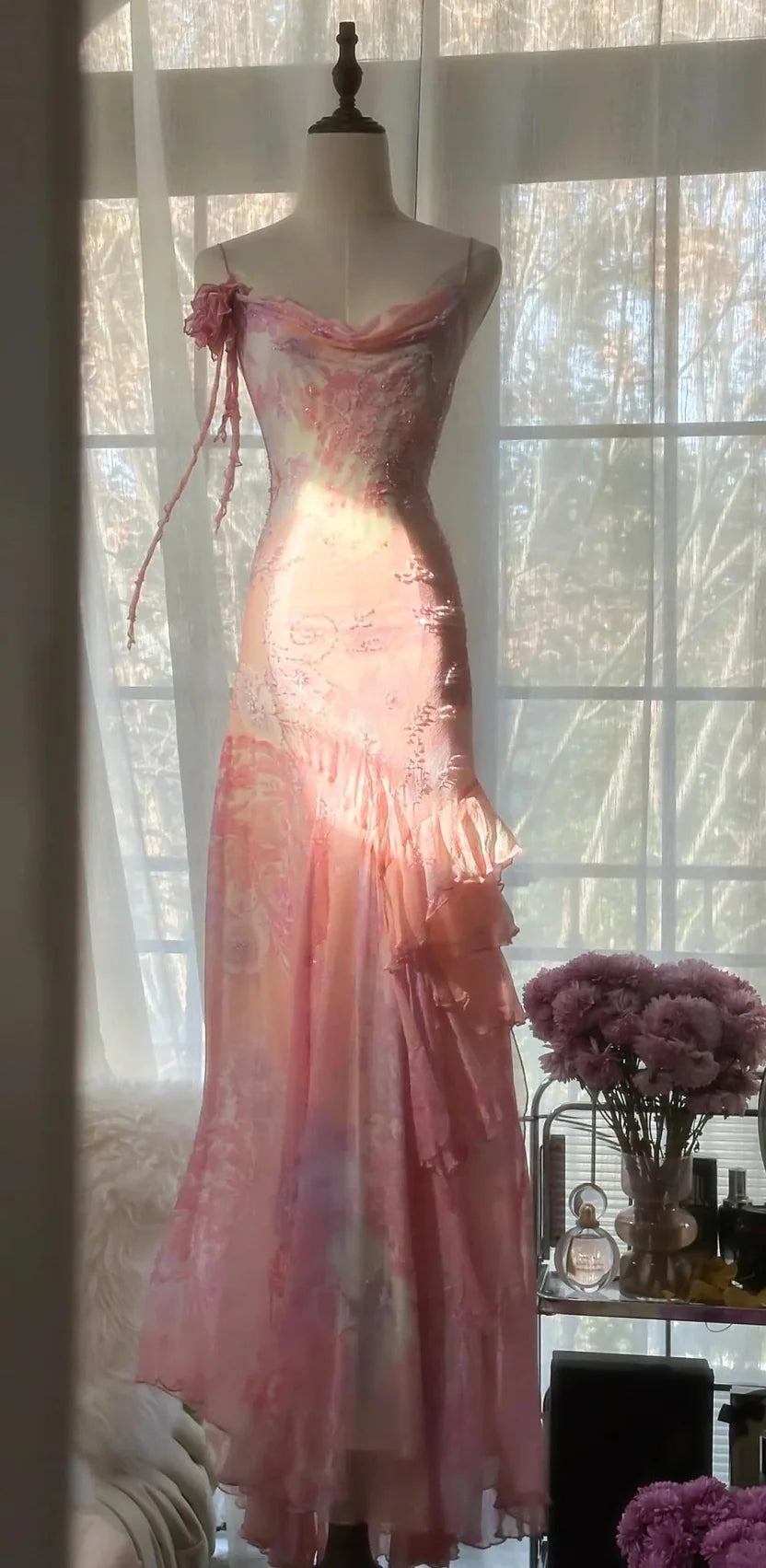 Dreamy Pink Spaghetti Straps Cowl Neck Floral Beaded Mermaid Long Evening Dress Prom Dress AD1441