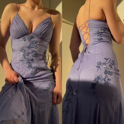 Gorgeous Purple Spaghetti Straps Sweetheart Floral Beaded Sheath Long Prom Dress AD1442