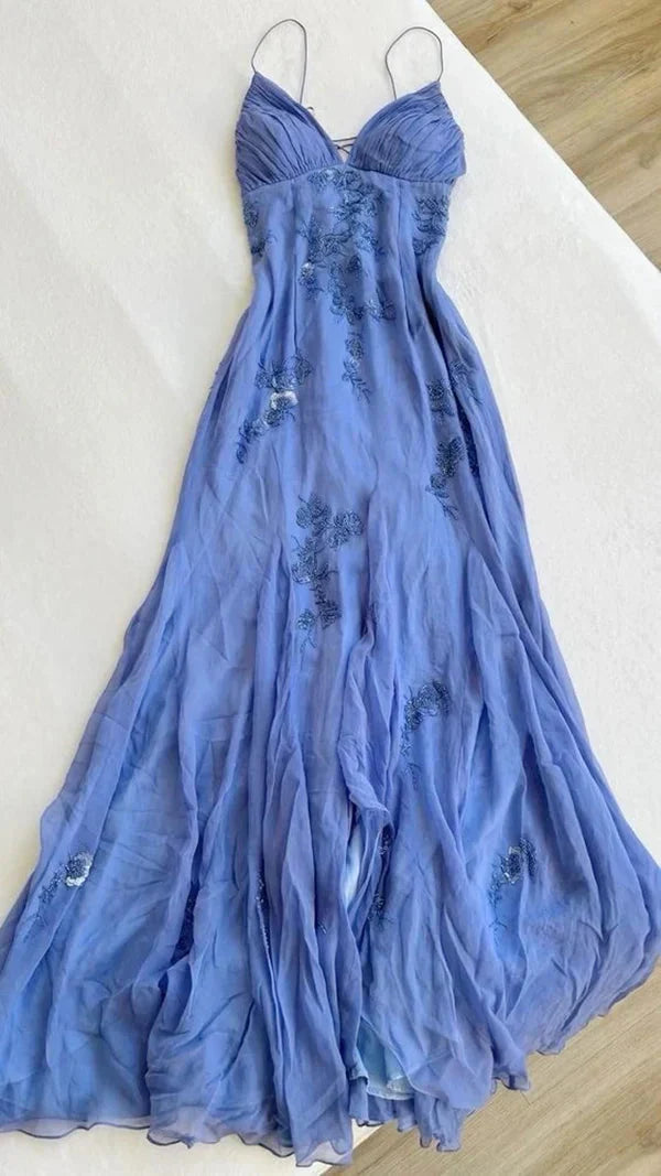 Gorgeous Purple Spaghetti Straps Sweetheart Floral Beaded Sheath Long Prom Dress AD1442