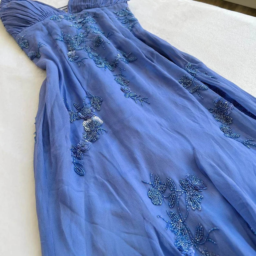 Gorgeous Purple Spaghetti Straps Sweetheart Floral Beaded Sheath Long Prom Dress AD1442