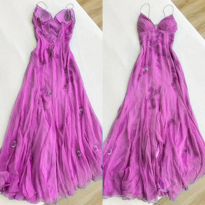Gorgeous Purple Spaghetti Straps Sweetheart Floral Beaded Sheath Long Prom Dress AD1442