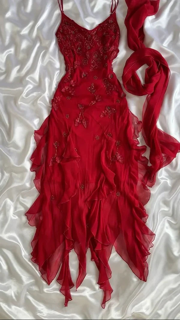 Stunning Red Spaghetti Straps V Neck Floral Beaded Mermaid Long Evening Dress Prom Dress AD1444