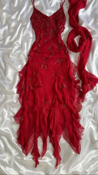 Stunning Red Spaghetti Straps V Neck Floral Beaded Mermaid Long Evening Dress Prom Dress AD1444