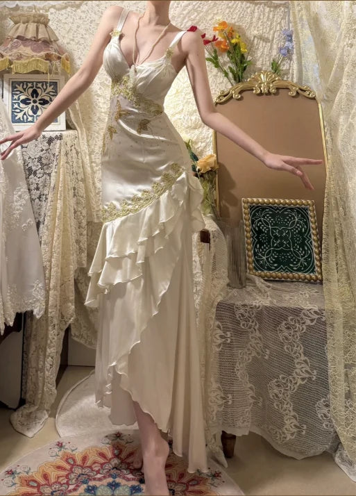 Vintage Ivory Strap V Neck Gold Embroidery Mermaid Long Prom Dress AD1446