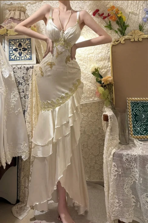 Vintage Ivory Strap V Neck Gold Embroidery Mermaid Long Prom Dress AD1446