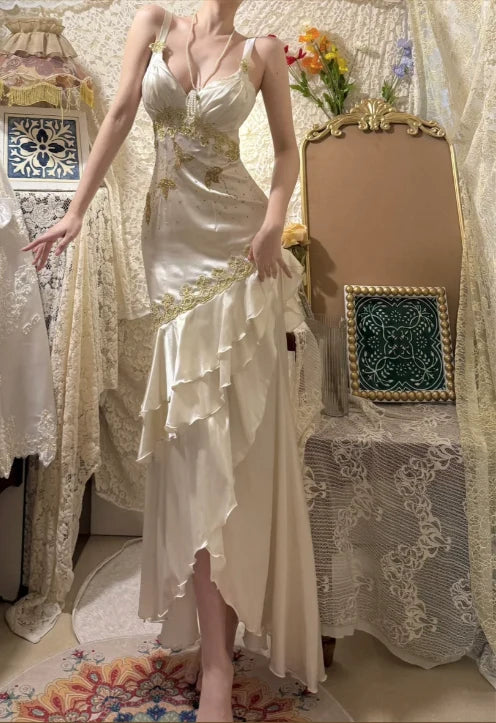 Vintage Ivory Strap V Neck Gold Embroidery Mermaid Long Prom Dress AD1446