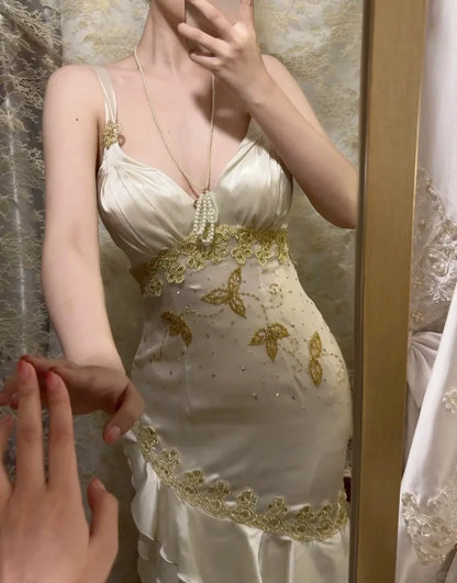 Vintage Ivory Strap V Neck Gold Embroidery Mermaid Long Prom Dress AD1446