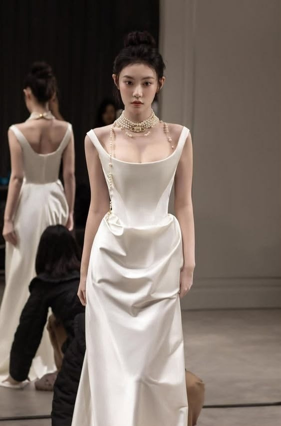Elegant Ivory Square Neck Strap Draped Satin Mermaid Long Wedding Dress Prom Dress AD1448