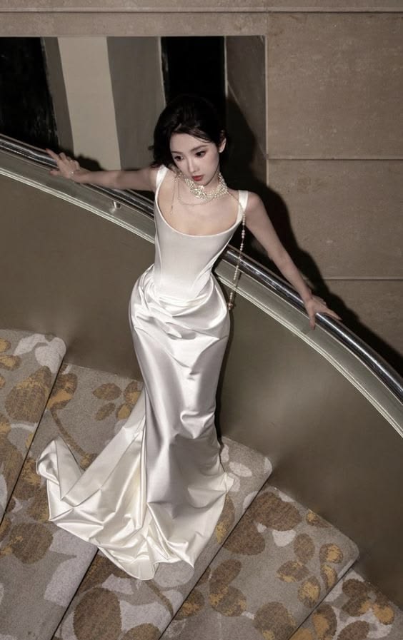 Elegant Ivory Square Neck Strap Draped Satin Mermaid Long Wedding Dress Prom Dress AD1448