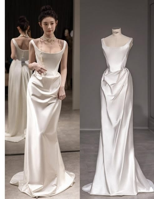 Elegant Ivory Square Neck Strap Draped Satin Mermaid Long Wedding Dress Prom Dress AD1448