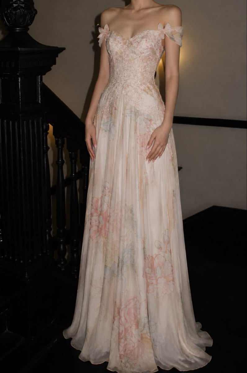 Dreamy Blush Off Shoulder Floral Straps Lace Corset Floral Print Chiffon A-Line Long Prom Dress AD1449