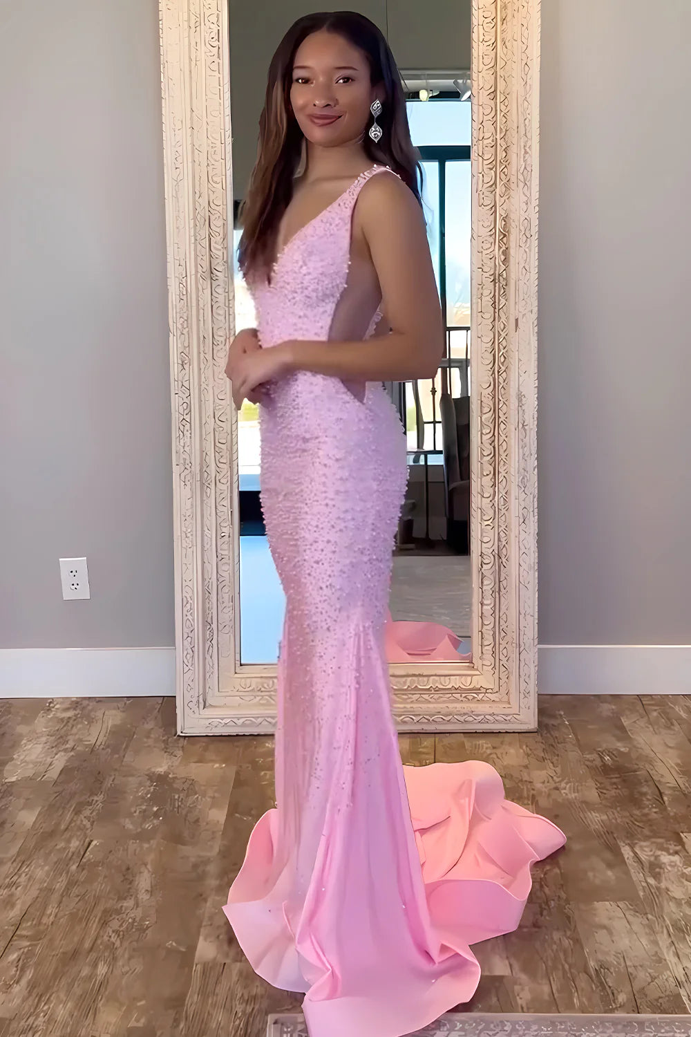 V-Neck Beaded Mermaid Prom Dress With Side Illusion AD145