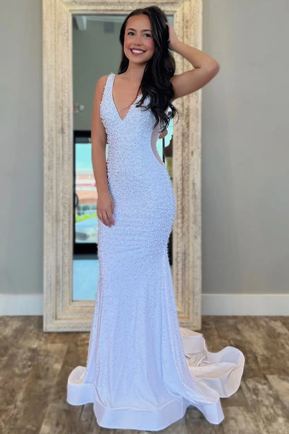 V-Neck Beaded Mermaid Prom Dress With Side Illusion AD145