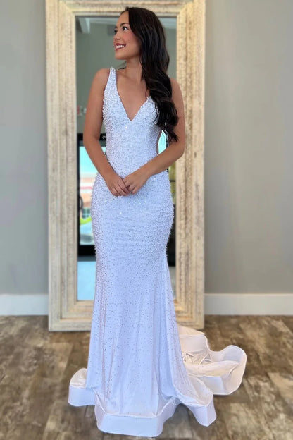 V-Neck Beaded Mermaid Prom Dress With Side Illusion AD145