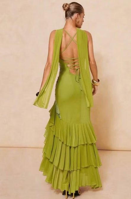 Stunning Olive Green Spaghetti Straps V Neck Sequin Bodice Mermaid Long Prom Dress AD1452