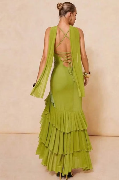 Stunning Olive Green Spaghetti Straps V Neck Sequin Bodice Mermaid Long Prom Dress AD1452