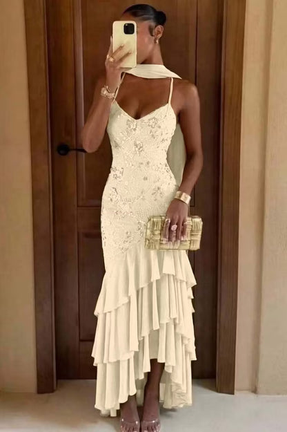 Stunning Olive Green Spaghetti Straps V Neck Sequin Bodice Mermaid Long Prom Dress AD1452