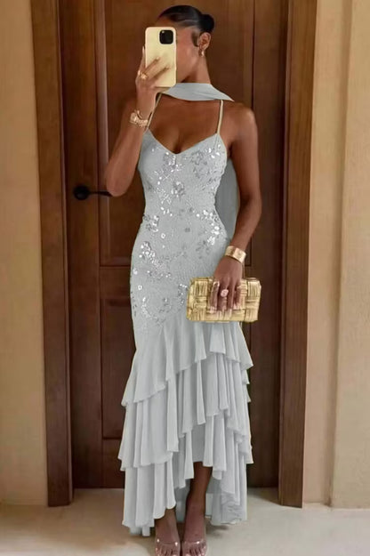 Stunning Olive Green Spaghetti Straps V Neck Sequin Bodice Mermaid Long Prom Dress AD1452