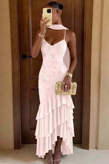 Stunning Olive Green Spaghetti Straps V Neck Sequin Bodice Mermaid Long Prom Dress AD1452