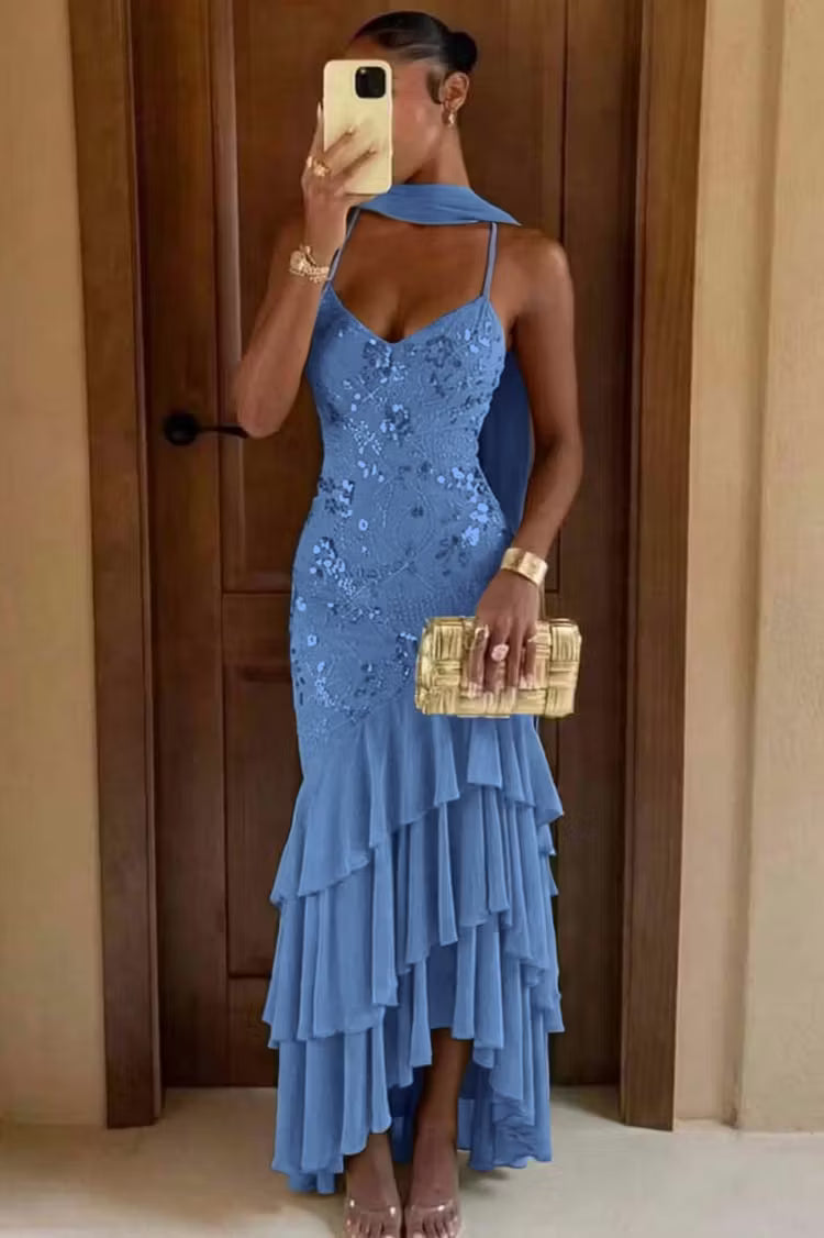 Stunning Olive Green Spaghetti Straps V Neck Sequin Bodice Mermaid Long Prom Dress AD1452