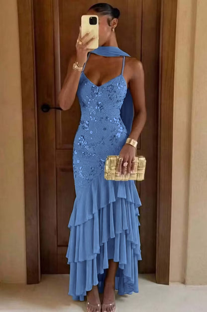 Stunning Olive Green Spaghetti Straps V Neck Sequin Bodice Mermaid Long Prom Dress AD1452