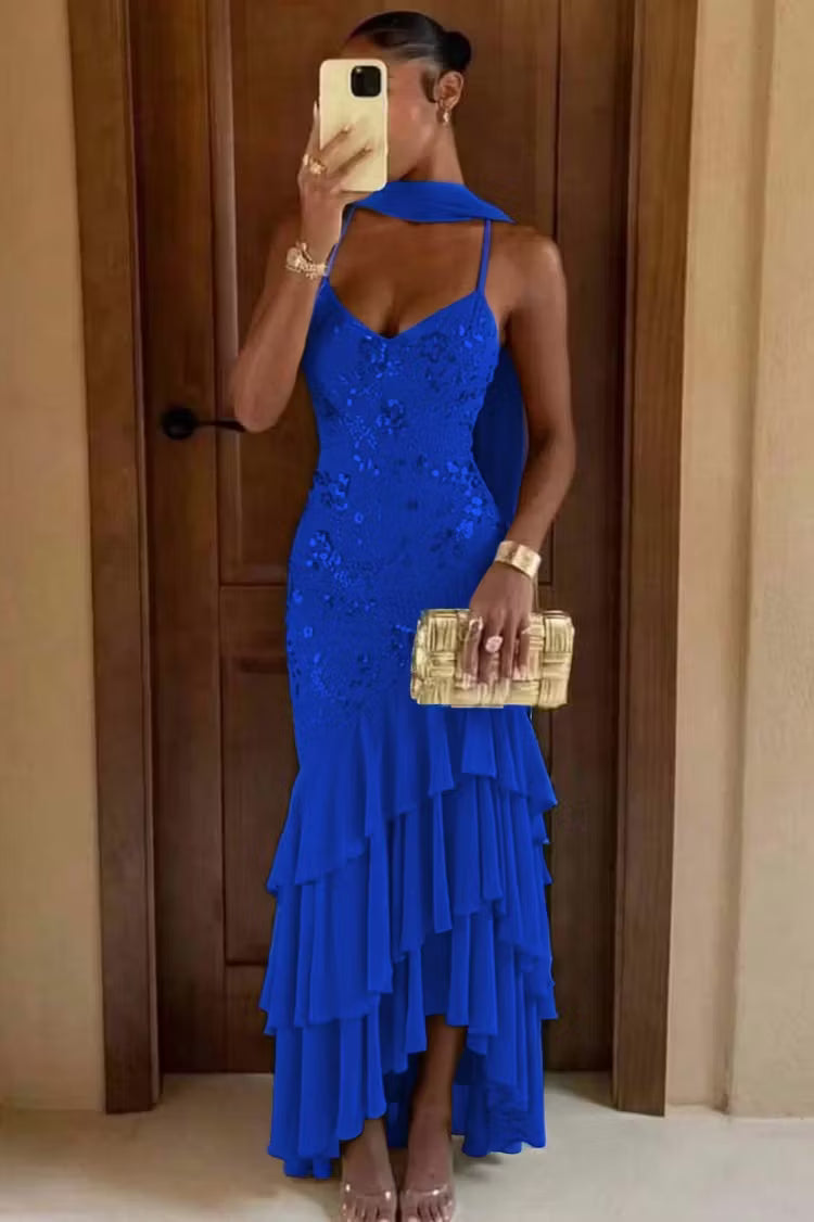 Stunning Olive Green Spaghetti Straps V Neck Sequin Bodice Mermaid Long Prom Dress AD1452