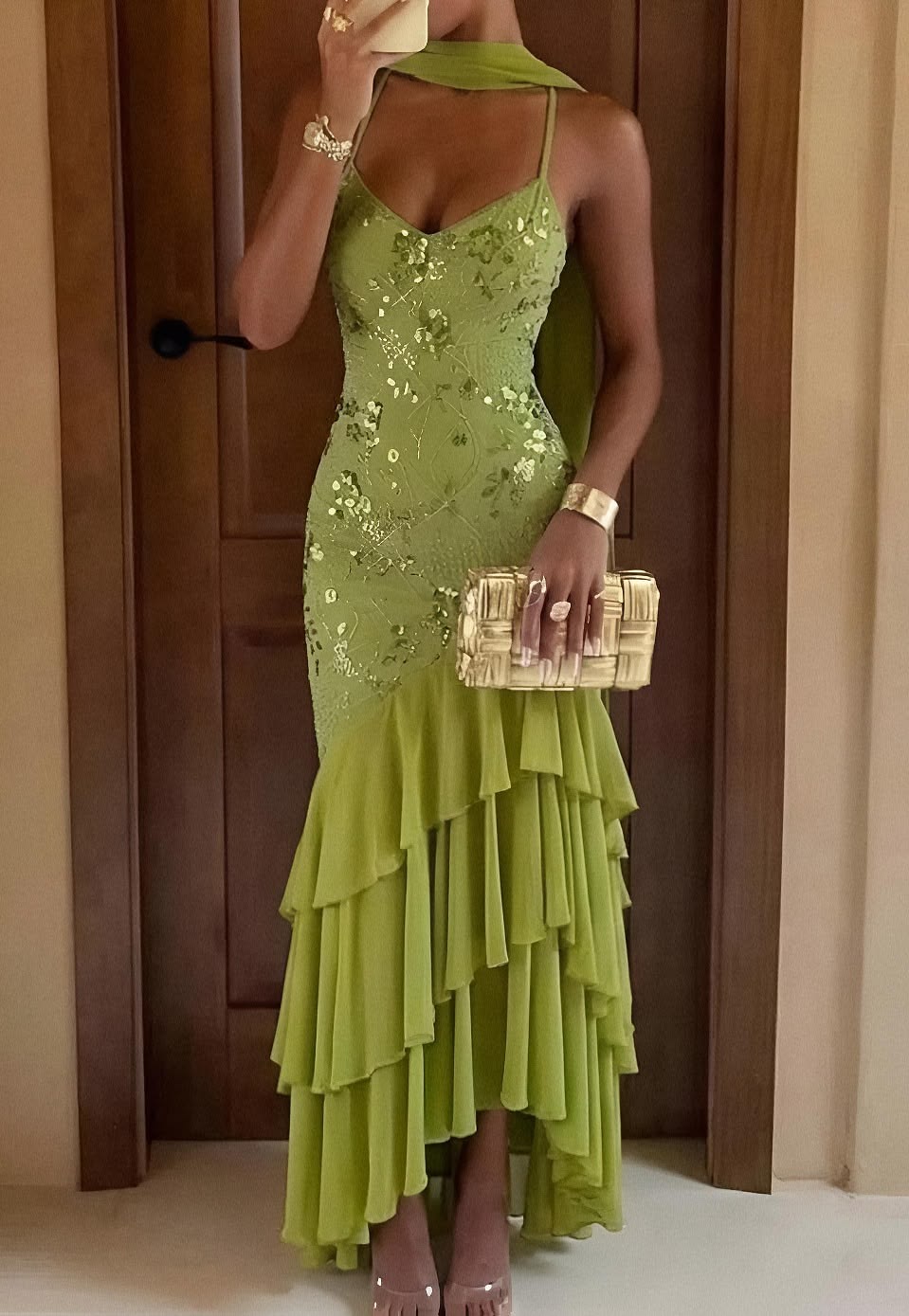 Stunning Olive Green Spaghetti Straps V Neck Sequin Bodice Mermaid Long Prom Dress AD1452
