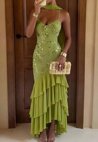 Stunning Olive Green Spaghetti Straps V Neck Sequin Bodice Mermaid Long Prom Dress AD1452