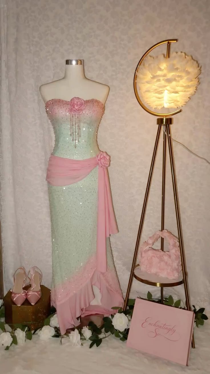 Whimsical Pink Mint Ombre Strapless 3D Flower Beaded Sequin Mermaid Long Prom Dress AD1454