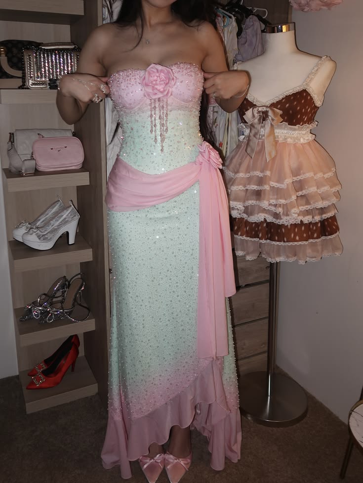 Whimsical Pink Mint Ombre Strapless 3D Flower Beaded Sequin Mermaid Long Prom Dress AD1454