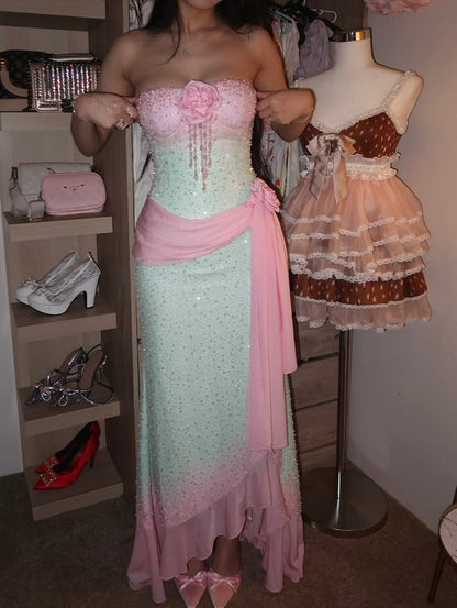 Whimsical Pink Mint Ombre Strapless 3D Flower Beaded Sequin Mermaid Long Prom Dress AD1454