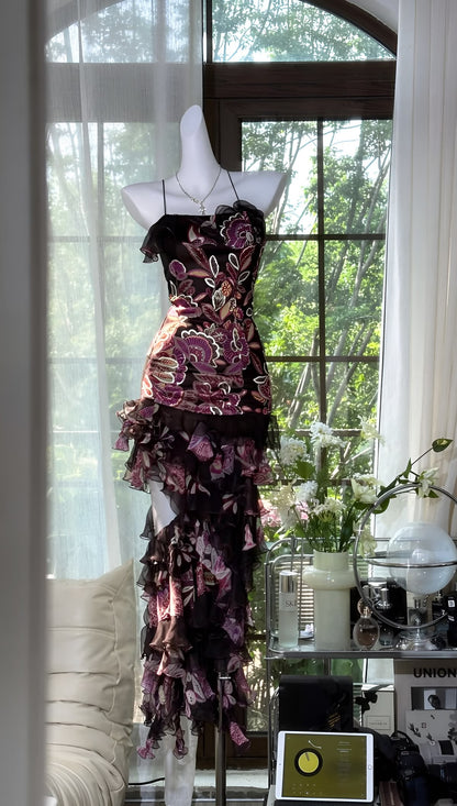 Glam Black Spaghetti Straps Floral Print Mermaid Long Prom Dress AD1456