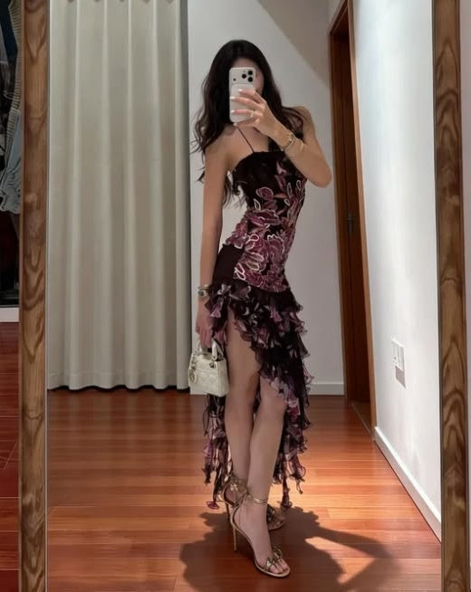 Glam Black Spaghetti Straps Floral Print Mermaid Long Prom Dress AD1456