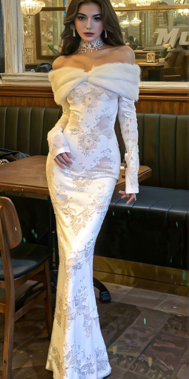 Luxury Ivory Off Shoulder Faux Fur Bow Long Sleeve Mermaid Long Prom Dress AD1458