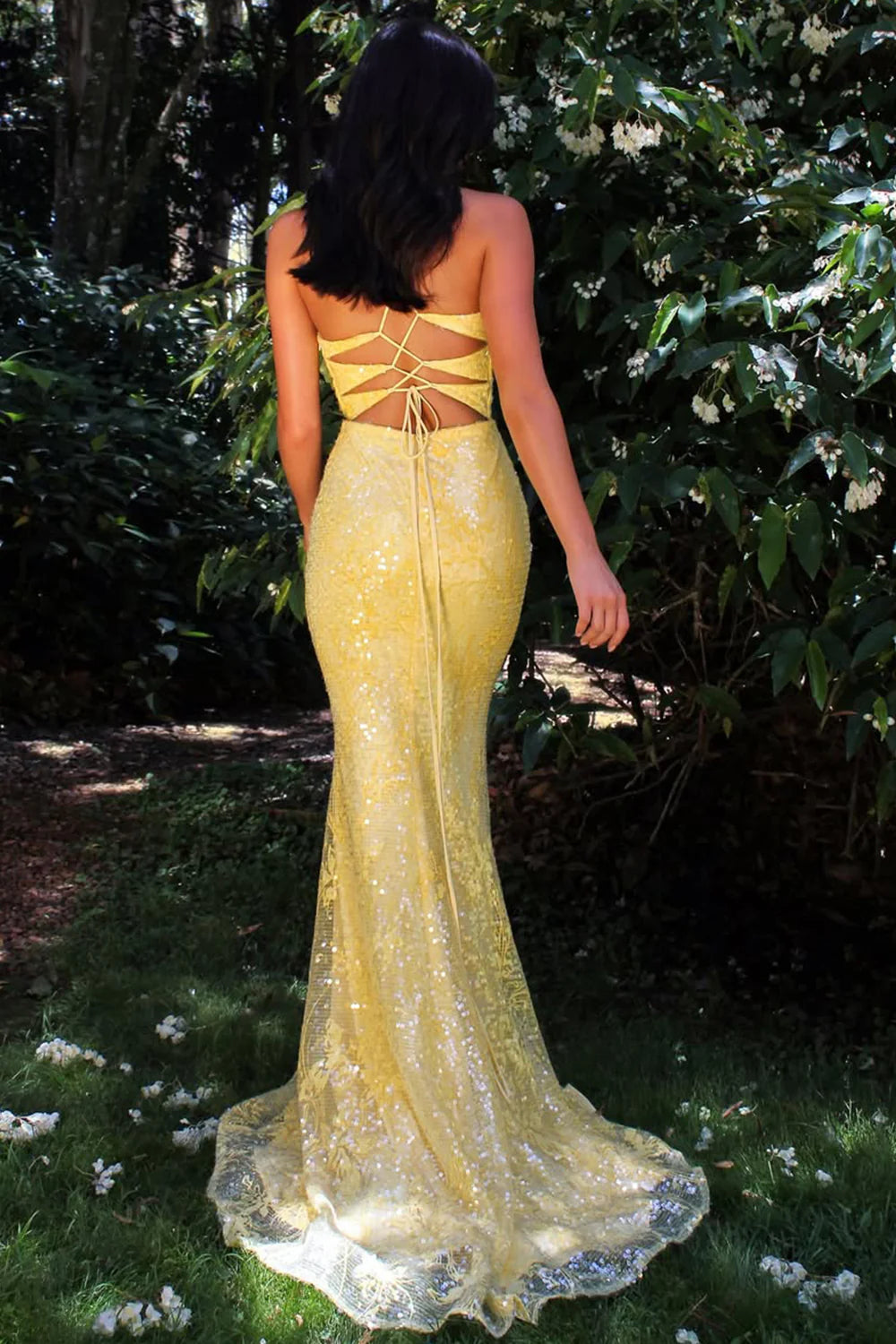 Yellow Sequin Strapless Mermaid Prom Dress With Crisscross Open Back AD146