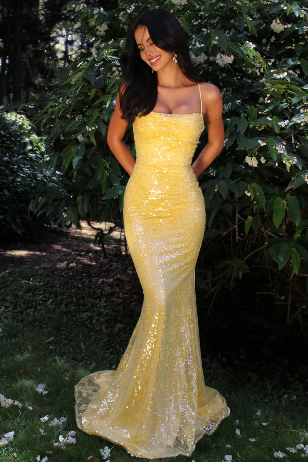 Yellow Sequin Strapless Mermaid Prom Dress With Crisscross Open Back AD146