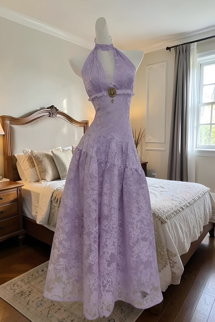 Dreamy Lavender Halter V-Neck A-Line Long Prom Dress AD1469