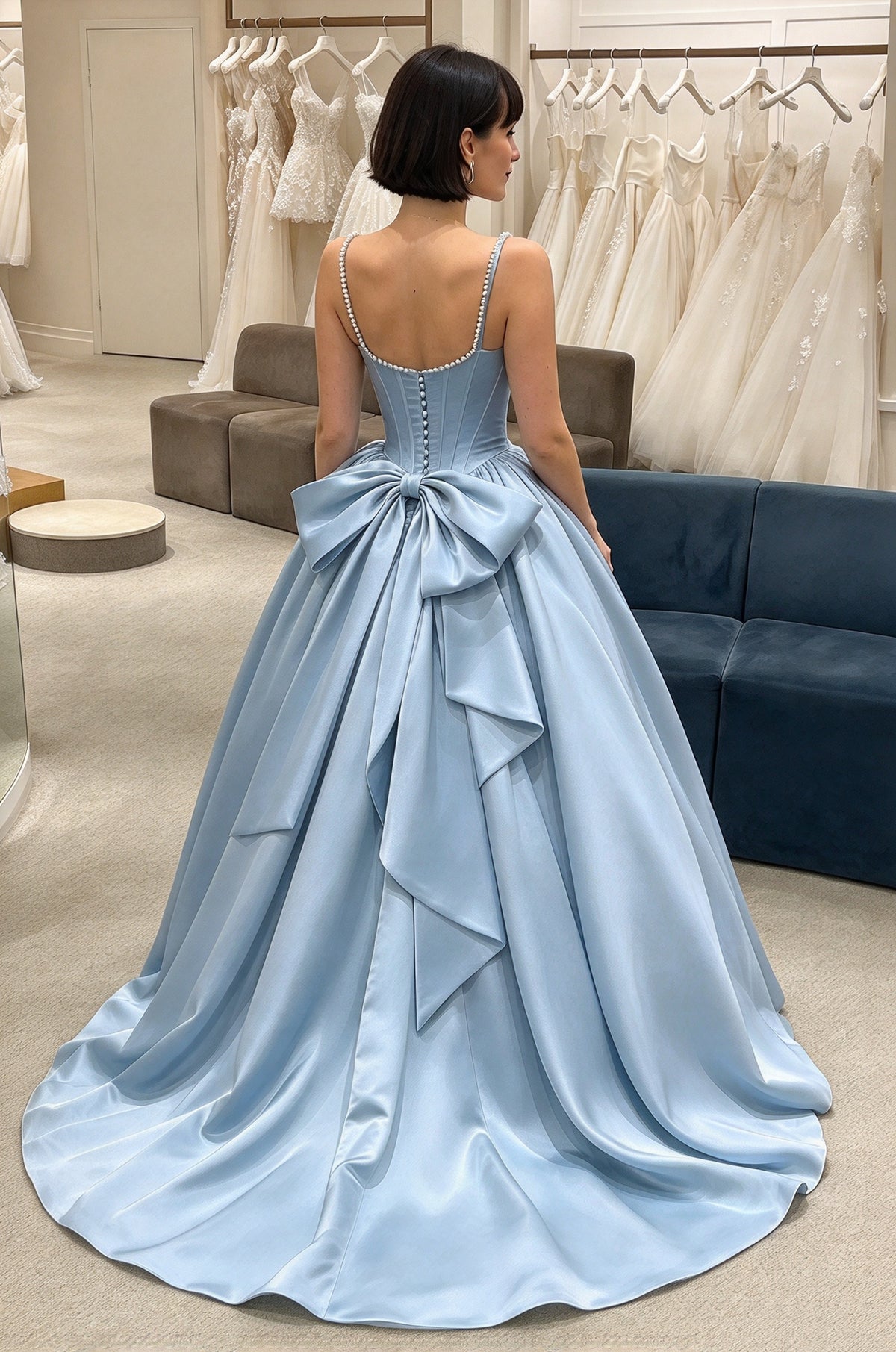 Elegant Blue Square Neck Strap Satin Bow Corset A-Line Long Prom Dress AD1472