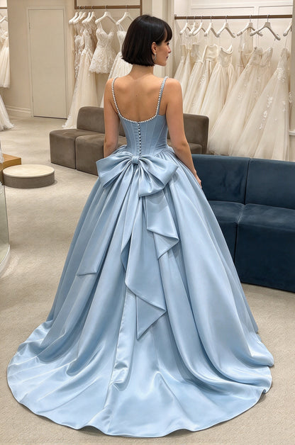 Elegant Blue Square Neck Strap Satin Bow Corset A-Line Long Prom Dress AD1472