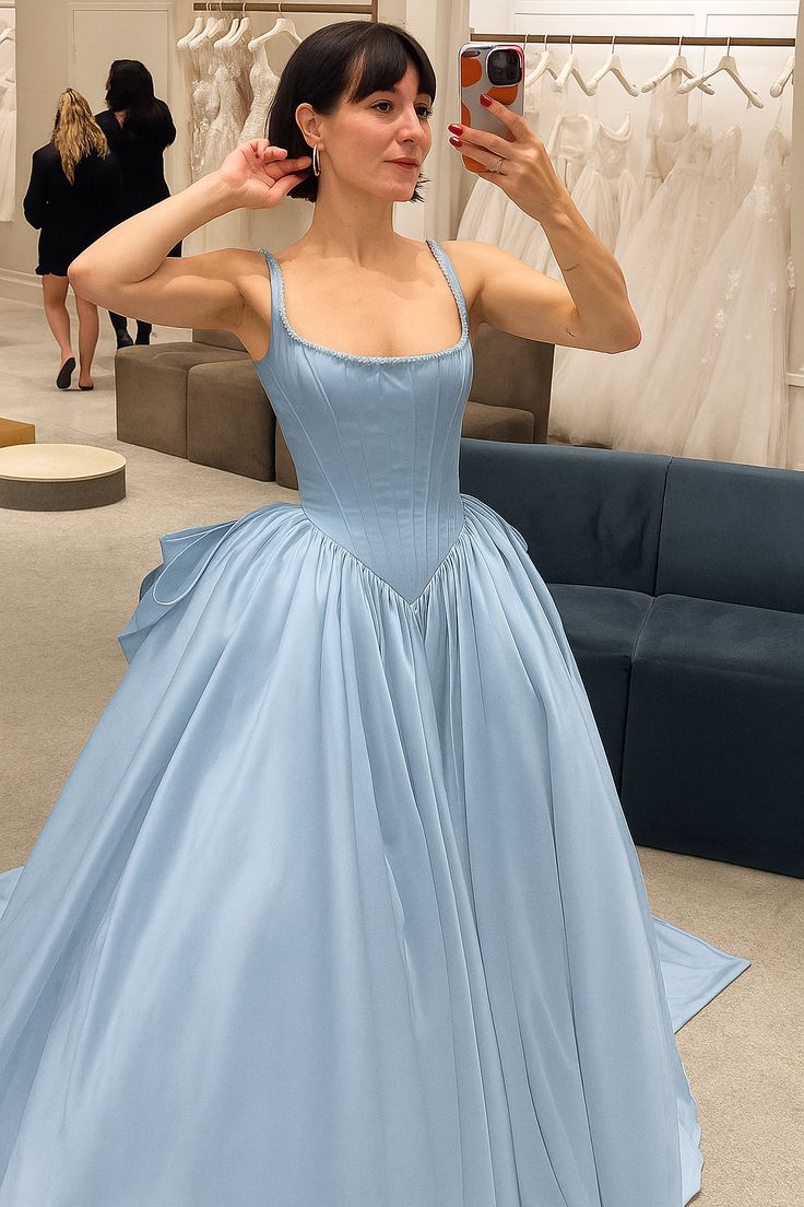 Elegant Blue Square Neck Strap Satin Bow Corset A-Line Long Prom Dress AD1472