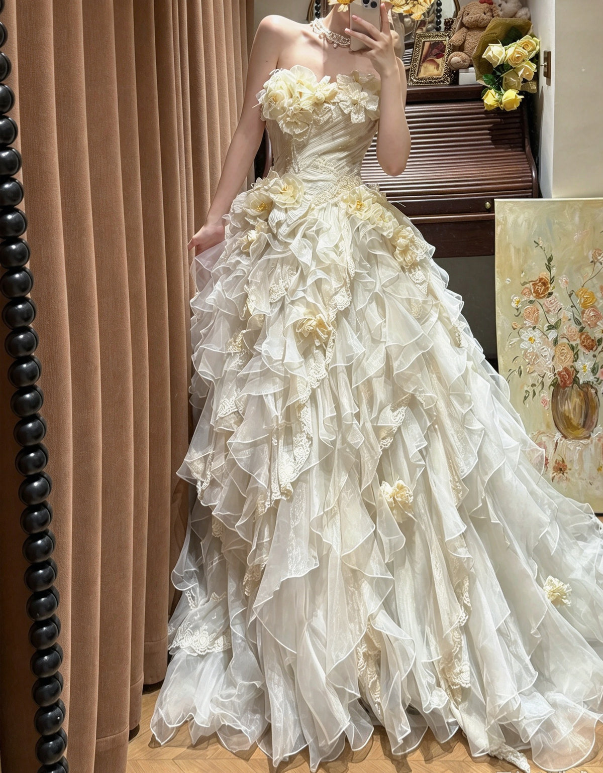 Whimsical Ivory Strapless Sweetheart 3D Floral Beaded Ruffled A-Line Long Prom Dress Wedding Dress AD1474