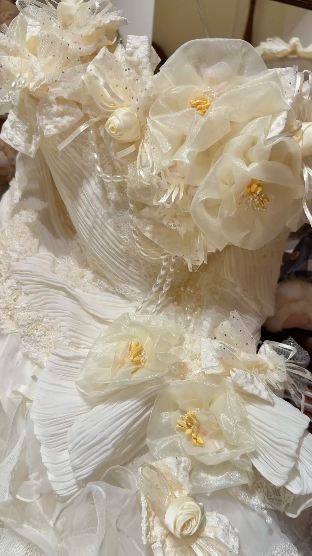 Whimsical Ivory Strapless Sweetheart 3D Floral Beaded Ruffled A-Line Long Prom Dress Wedding Dress AD1474