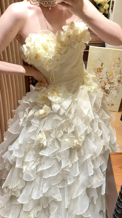 Whimsical Ivory Strapless Sweetheart 3D Floral Beaded Ruffled A-Line Long Prom Dress Wedding Dress AD1474