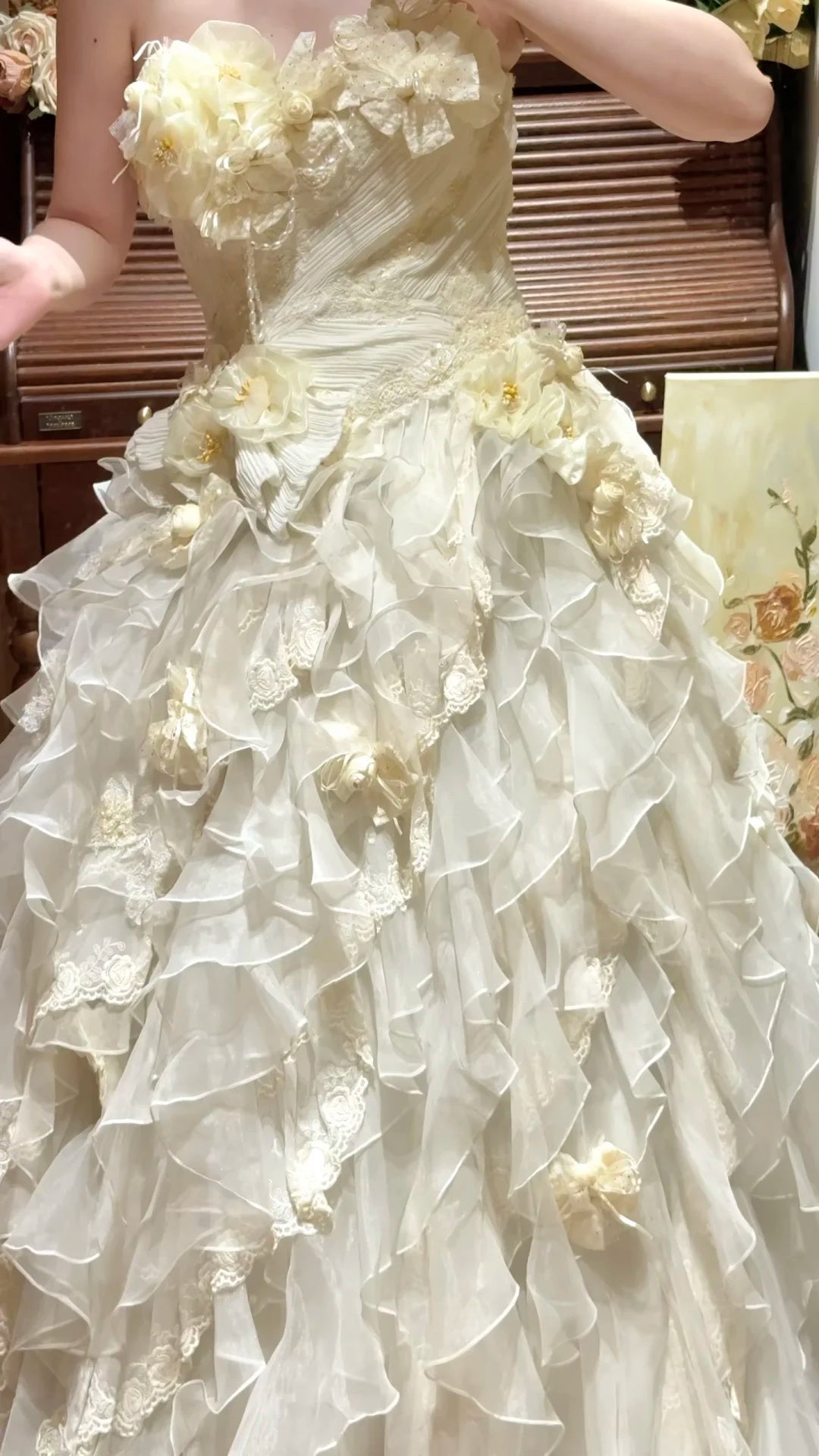 Whimsical Ivory Strapless Sweetheart 3D Floral Beaded Ruffled A-Line Long Prom Dress Wedding Dress AD1474