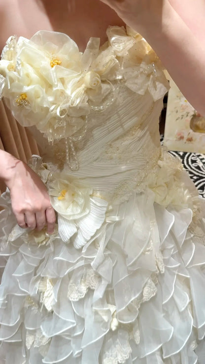 Whimsical Ivory Strapless Sweetheart 3D Floral Beaded Ruffled A-Line Long Prom Dress Wedding Dress AD1474
