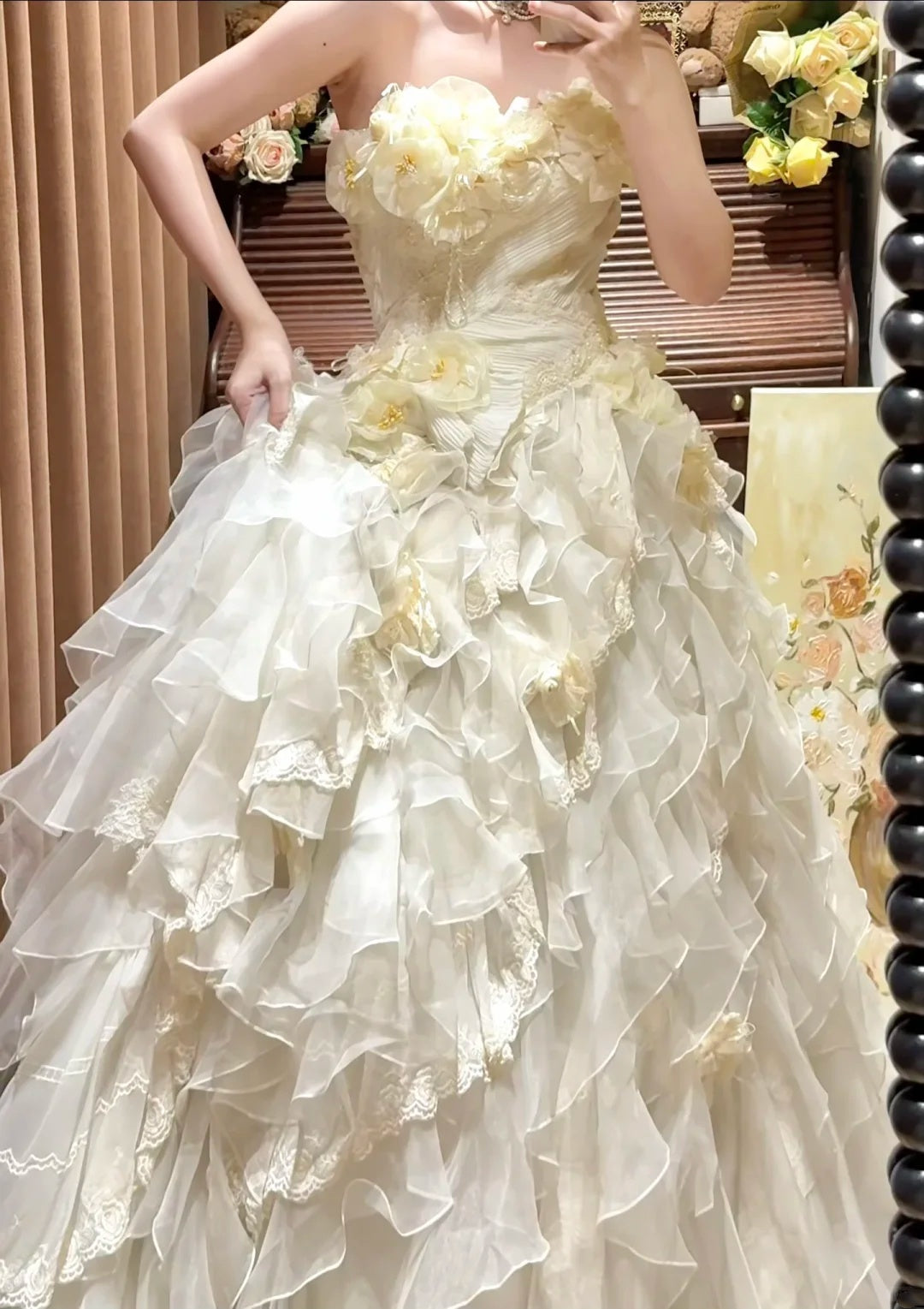 Whimsical Ivory Strapless Sweetheart 3D Floral Beaded Ruffled A-Line Long Prom Dress Wedding Dress AD1474