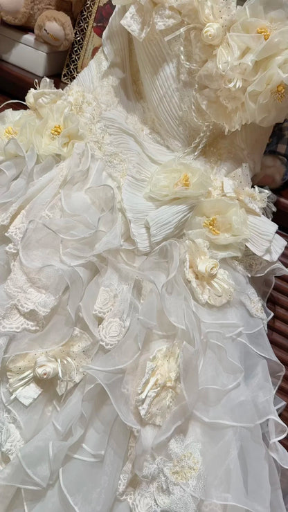 Whimsical Ivory Strapless Sweetheart 3D Floral Beaded Ruffled A-Line Long Prom Dress Wedding Dress AD1474