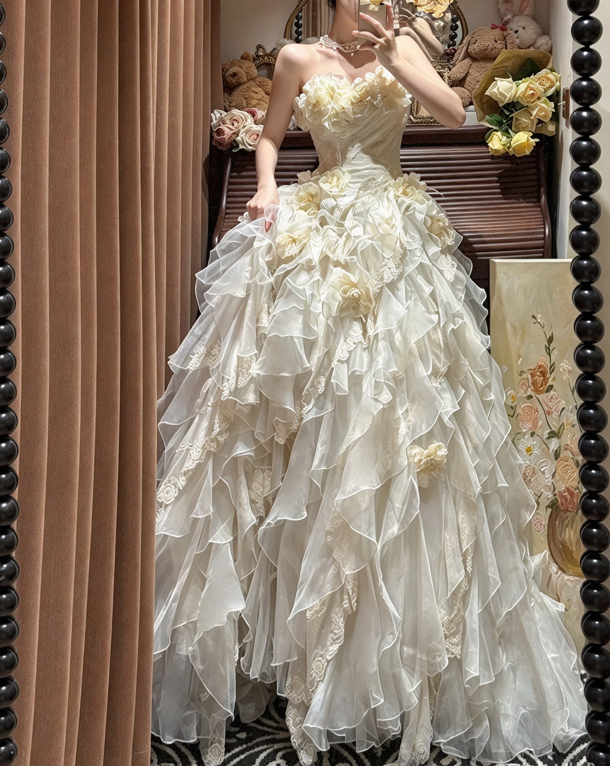 Whimsical Ivory Strapless Sweetheart 3D Floral Beaded Ruffled A-Line Long Prom Dress Wedding Dress AD1474